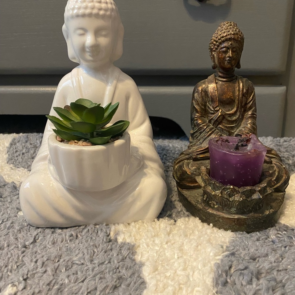 White Buddha Planter and Bronze Buddha Candle Holder Set